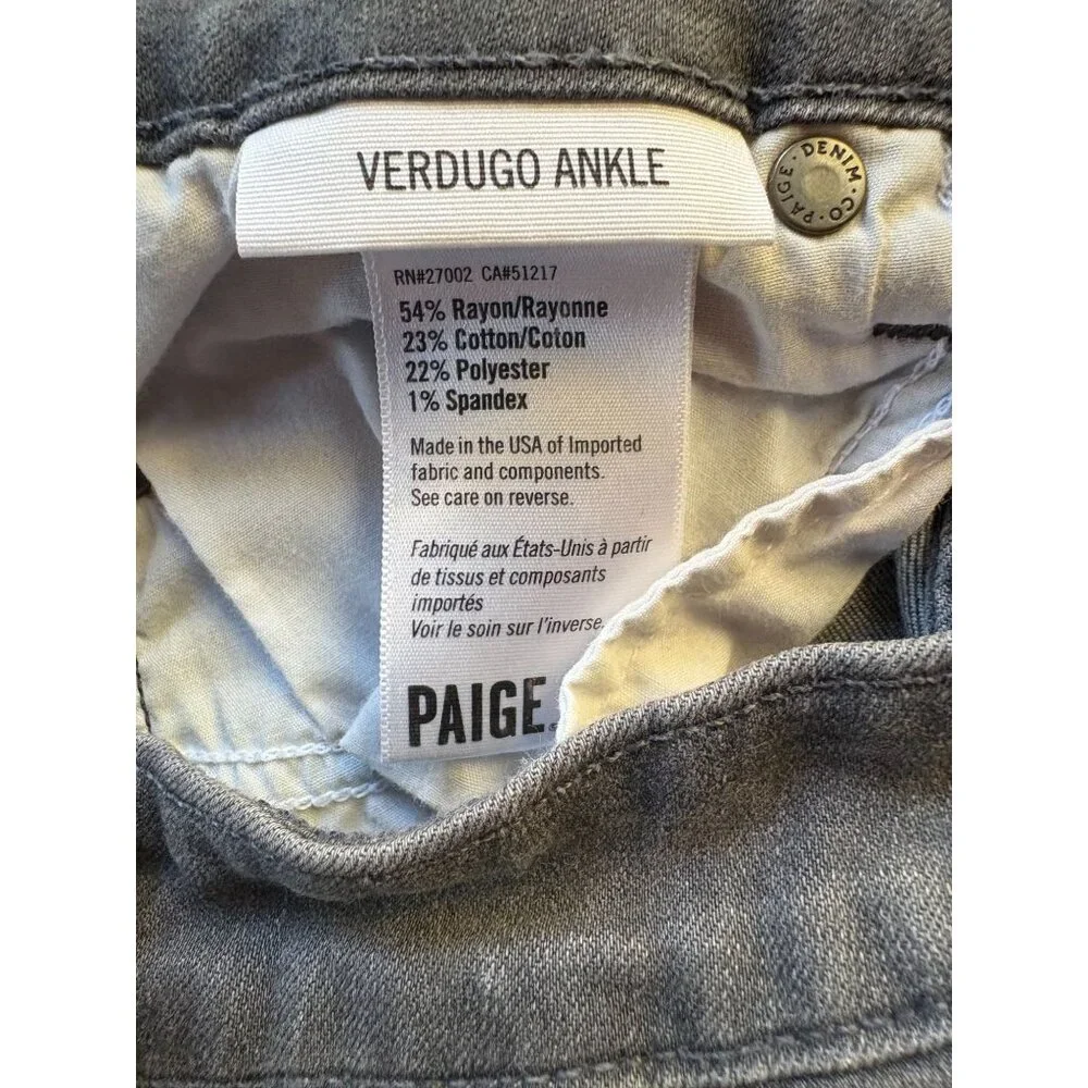 PAIGE Verdugo Ankle Skinny‎ Jeans Womens 26 Grey Mid Rise Stretch Denim USA Made